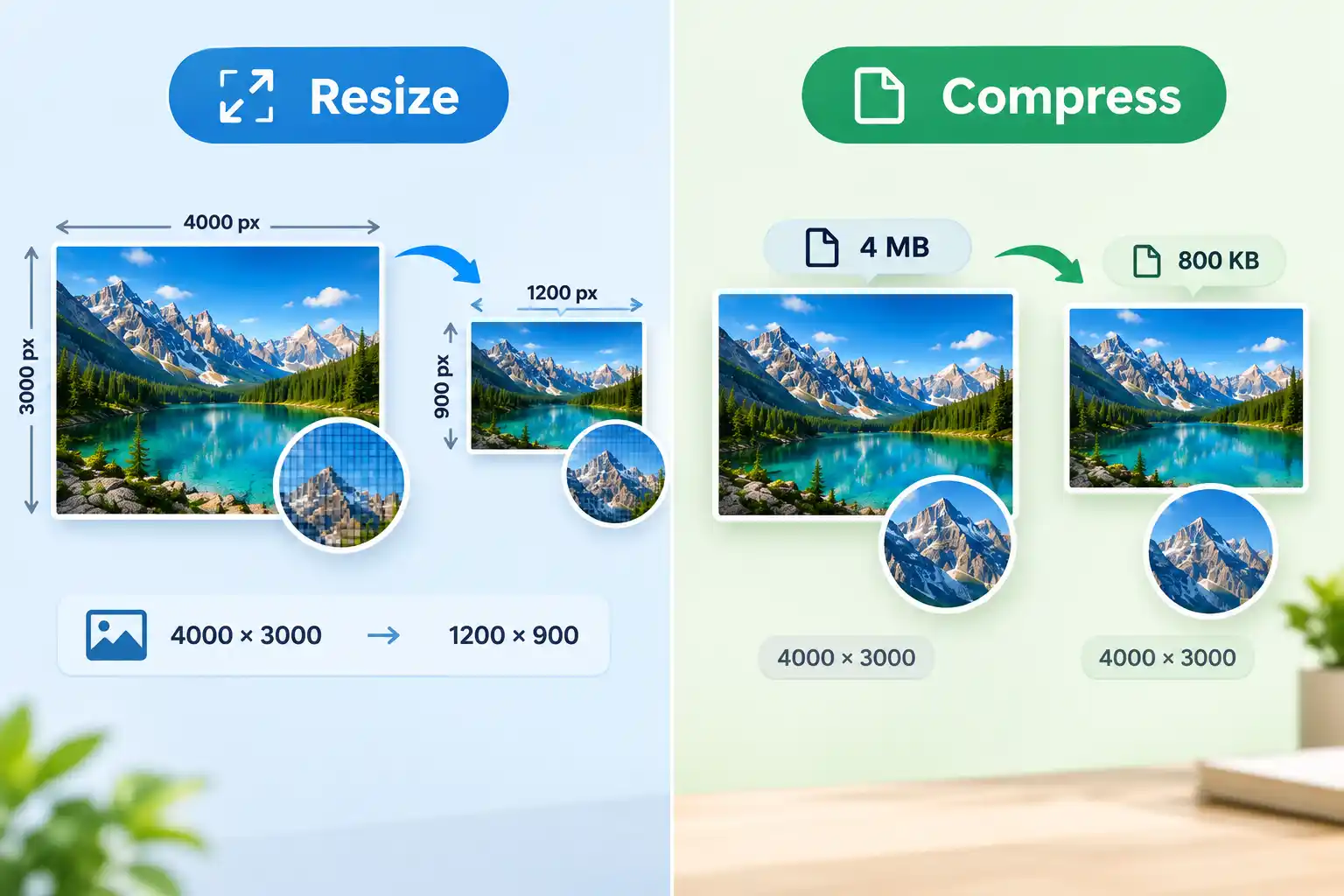 Visual comparison showing image resizing changing pixel dimensions and compression reducing file size