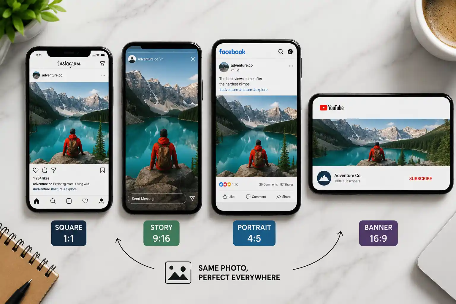 Side-by-side smartphones showing the same photo cropped for square, vertical, and widescreen social media formats.
